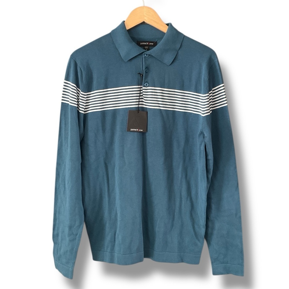 Distrct&Row Blue Stripe Collared Long Sleeve Knit Polo Shirt Size Small